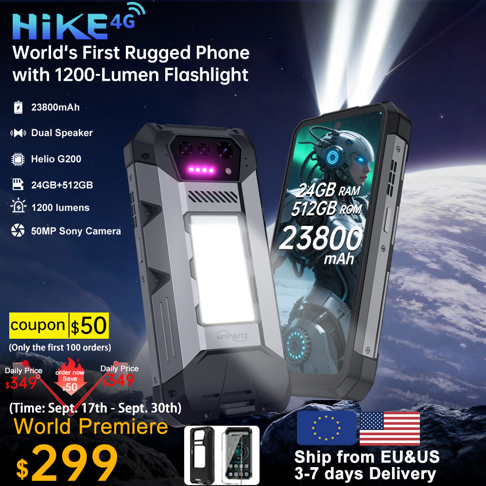 Unihertz Hike 8849 Rugged Smartphone Android 14 with 1200 Lumen 200 Meter Flashlight 23800mAh