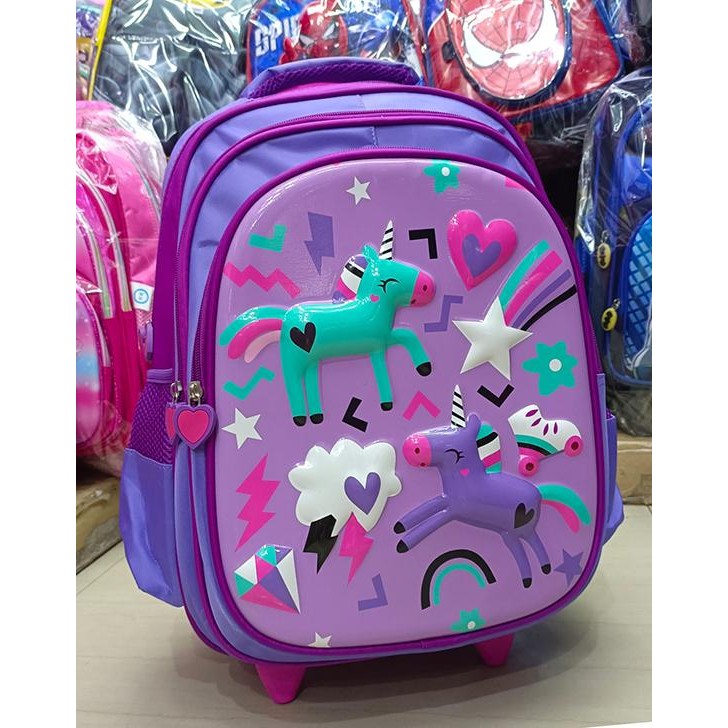 ahxj- Tas Sd Trolley Anak Perempuan Unicorn Kuda Pony Pirang Embos Ungu