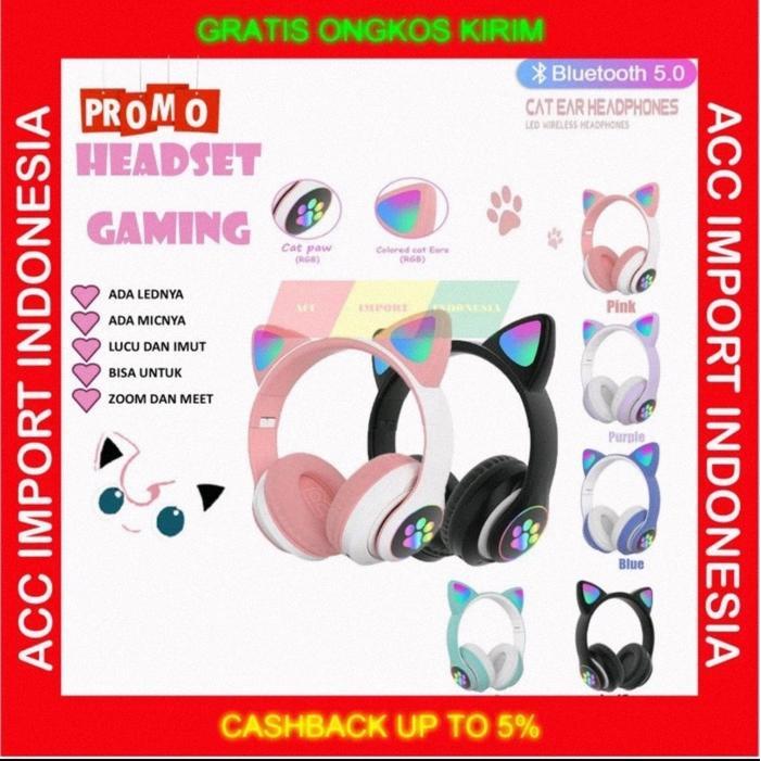 HEADSET BLUETOOTH MOTIF TELINGA KUCING STN HEADPHONE CAT EAR PINK ZOOM