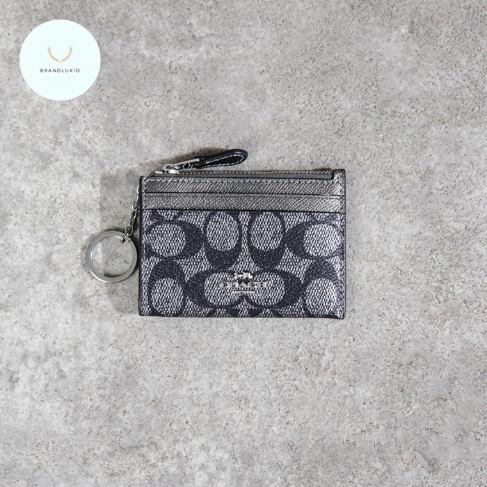 Coach Monogram Silver Zip Card Holder Keychain in Black