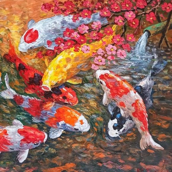 KOMPLIT lukisan ikan koi lukisan ikan koi 9 ekor fengsui lukisan canvas timbul