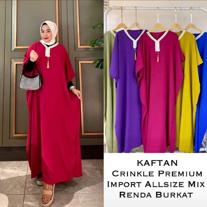 Kaftan Crinkle Premium Import Mix Renda Brukat Gamis Wanita Airflow Muslim Dress