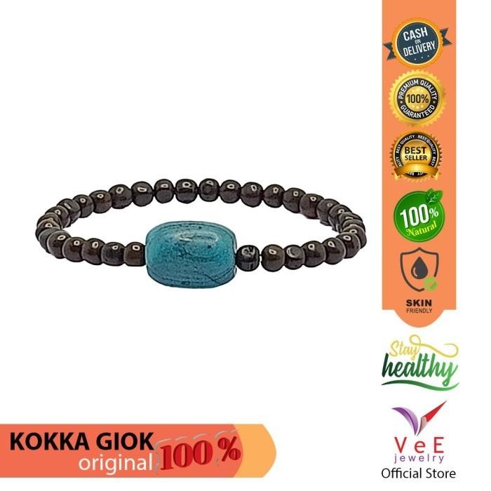 Gelang Tasbih Kayu Kokka Merica Hitam Batu Giok Biru Serat Jade Asli