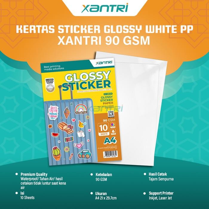 

Glossy Sticker Xantri Original Paper White Waterproof Inkjet A4 Kertas Stiker Xantri Original PP 90