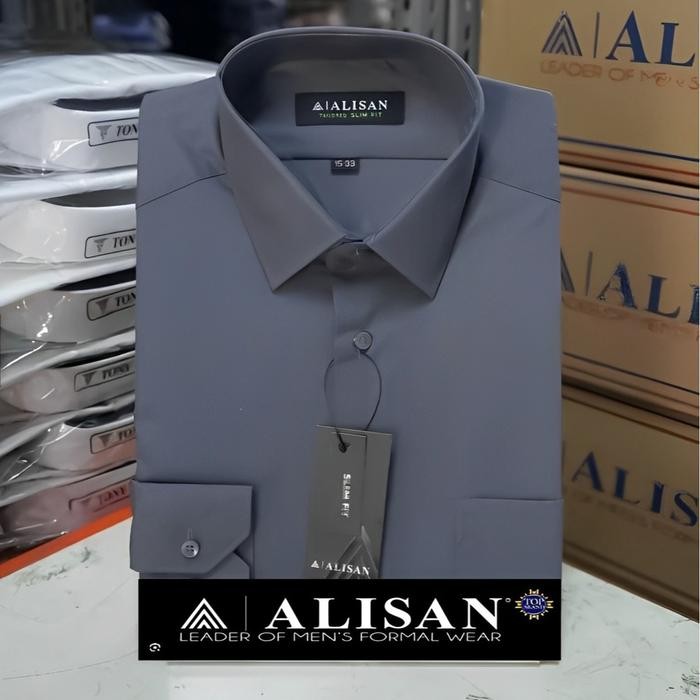 Kemeja Formal Polos Alisan Abu6/AbuTua Pria Krah Berdasi Slimfit Lengan Panjang Premium - Hitam,