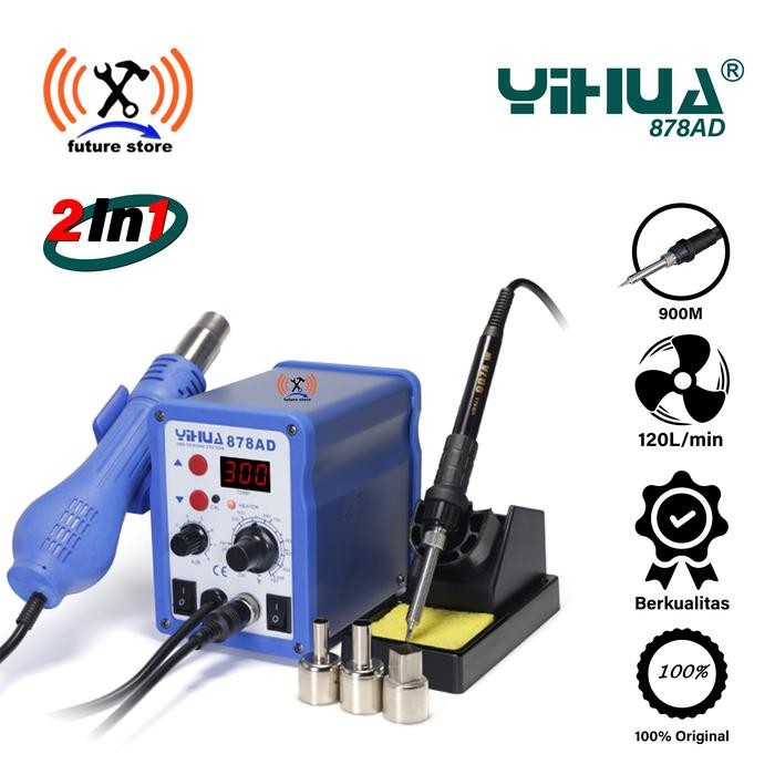 YIHUA 878AD Blower - Hot Air Gun +Soldering Station 2In1 Original Suhu