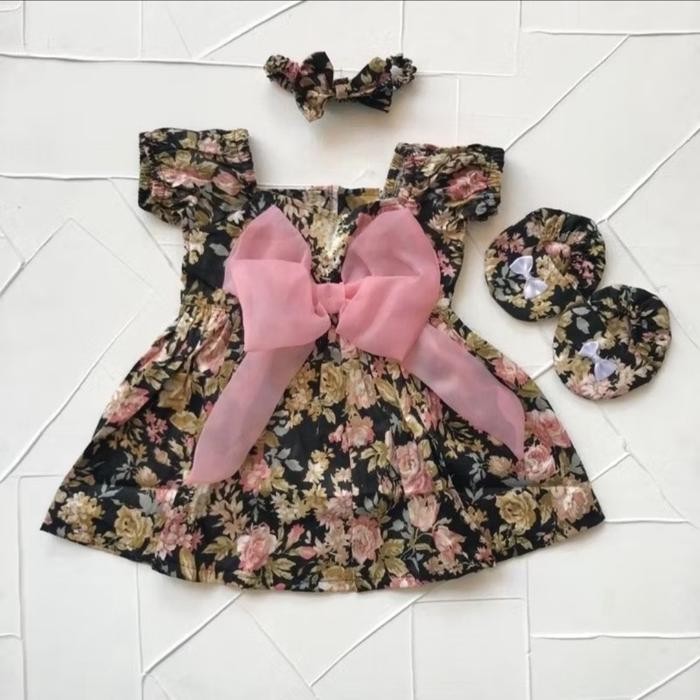 BERKUALITAS 0-8bulan baju bayi perempuan dress isyana bunga katun pita organza