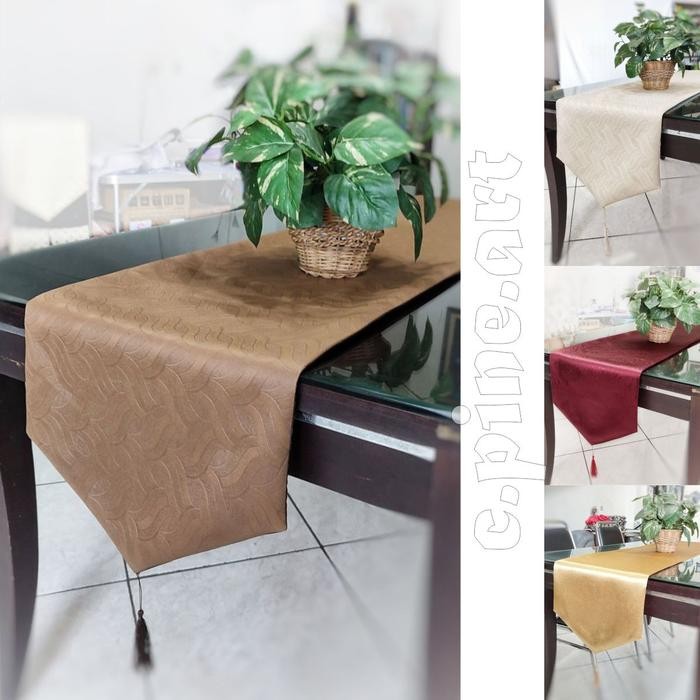 Taplak meja makan 6 kursi / 8 kursi / table runner bahan kain polos emboss / taplak meja polos .