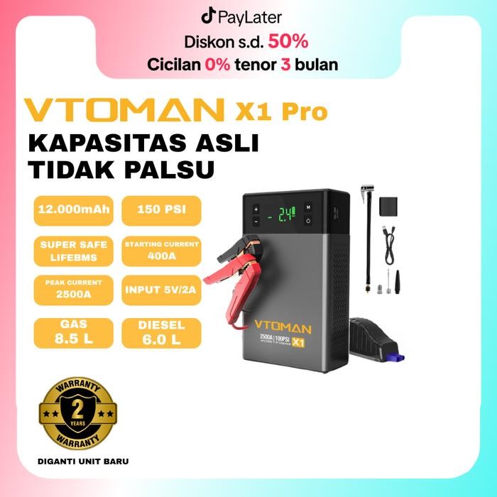 Vtoman X1 Jumper Aki Mobil Dan Motor Kapasitas 12000Mah Portable Car Jumper Aki Powerbank Jumper Aki