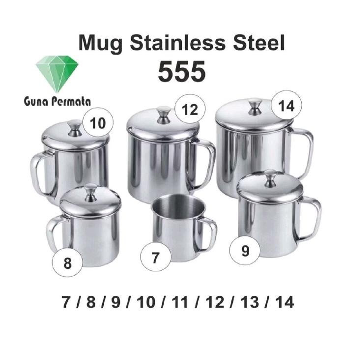 Guna Permata Mug Full Stainless Steel Jumbo 14 13 12 11 10 9 8 7 Cm Cangkir + Tutup + Anti Karat &