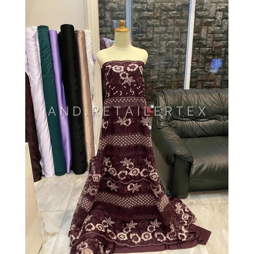 Bahan Kain Kebaya Mewah Brokat Tile Embroidery Athena New Series Bordir Tebal Motif Timbul 2 Tone