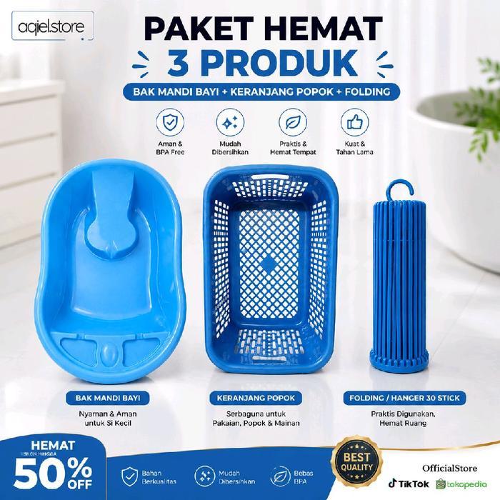 Paket Hemat 3 In 1 Satu Set Lengkap Perlengkapan Dan Peralatan Mandi Bayi - Tempat Mandi Newborn -