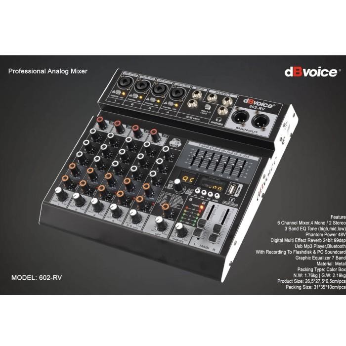 Mixer DBVOICE 602 RV Original Mixer 6 Channel 4Mono 2Stereo Bluetooth