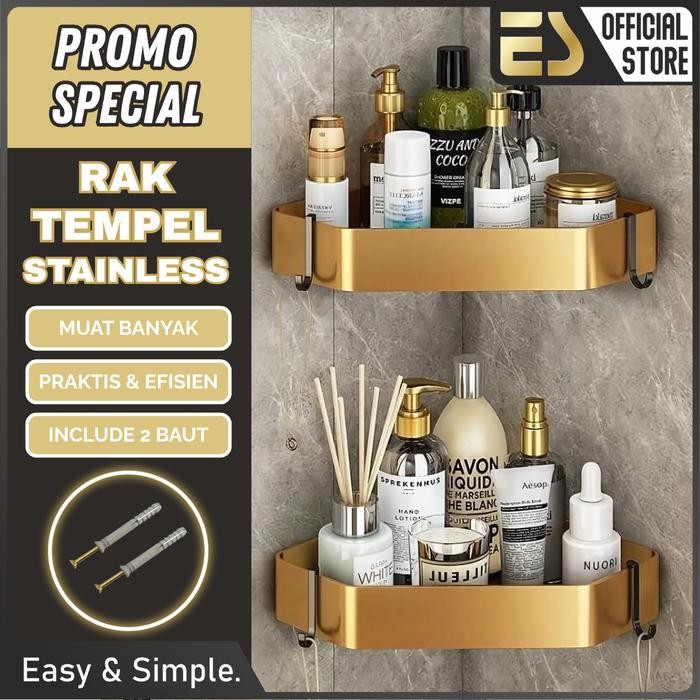 ES Rak Sudut Kamar Mandi Stainless Rak Sabun Shampoo Kamar Mandi Premium Tahan Karat Tempel Dinding