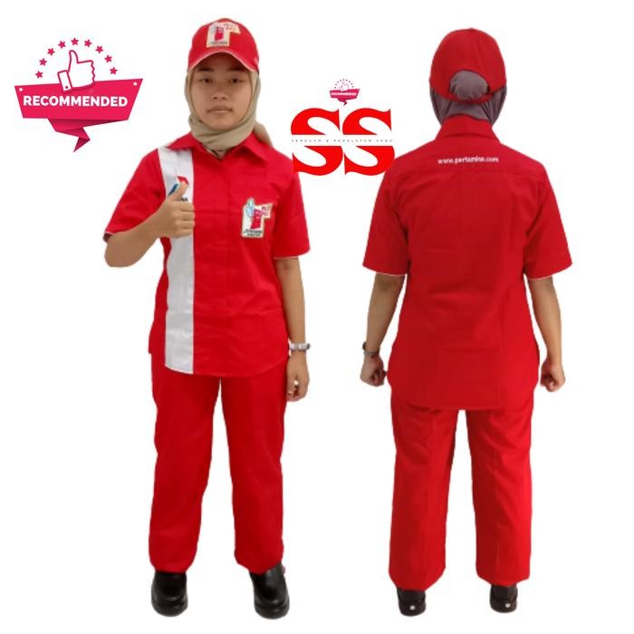 Pilihan- Baju Seragam Operator Merah + Topi Spbu Pertamina Pasti Pas Kemeja Safety Kerja Pria