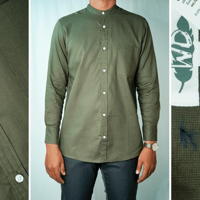 WD & Co. Baju Koko Pria Lengan Panjang Hijau Olive/Olive Green Polos