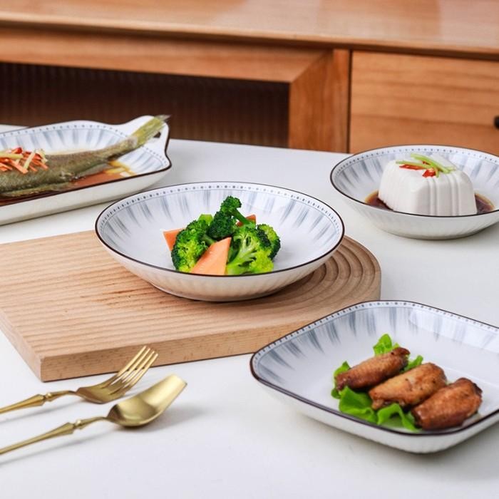 Piring Keramik GRAY Piring Mangkok Keramik motif Putih Abu piring cantik jepang garis