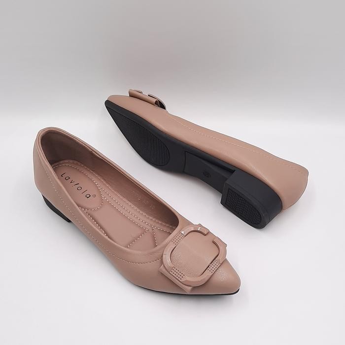 P0B2  Laviola 3176 Lst - Sepatu Pantofel Kerja Wanita Black Dan Apricot Shoes Flat Hitam