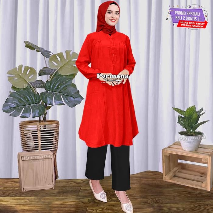 lplw- Atasan Wanita Lengan Panjang Baju Kemeja Muslim Tunik Warna Merah Dewasa Rayon Kantong