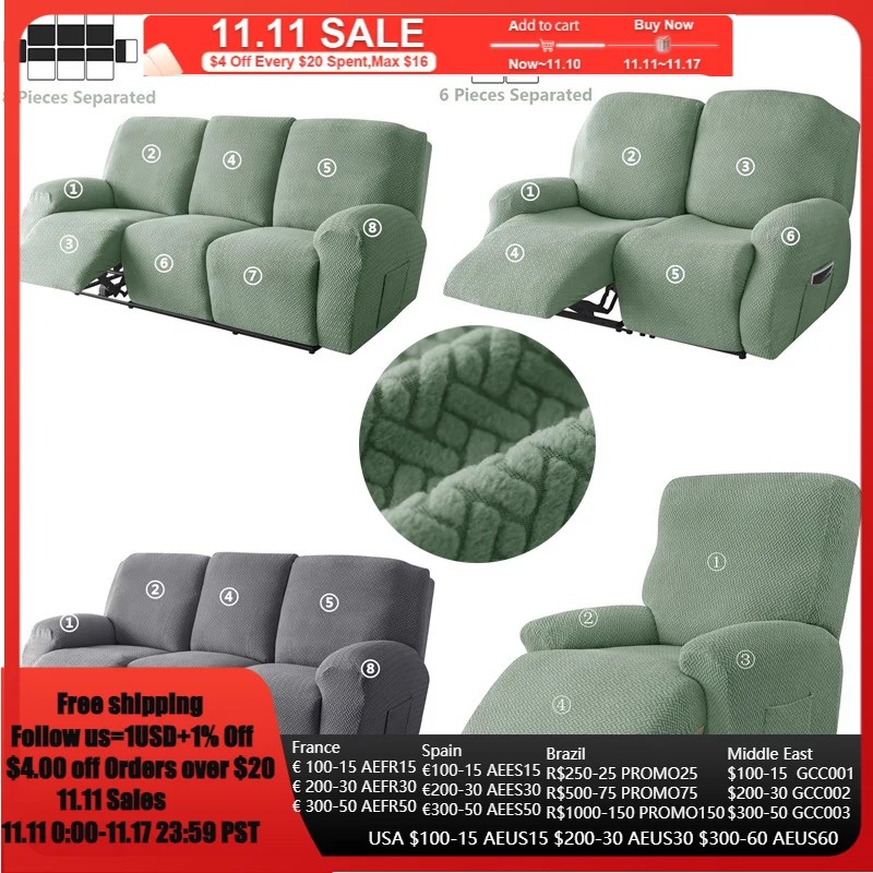 1 2 3 Seater Recliner Sofa Cover Stretch Spandex Lazy Boy Armchair Covers Jacquard Solid Color Couch