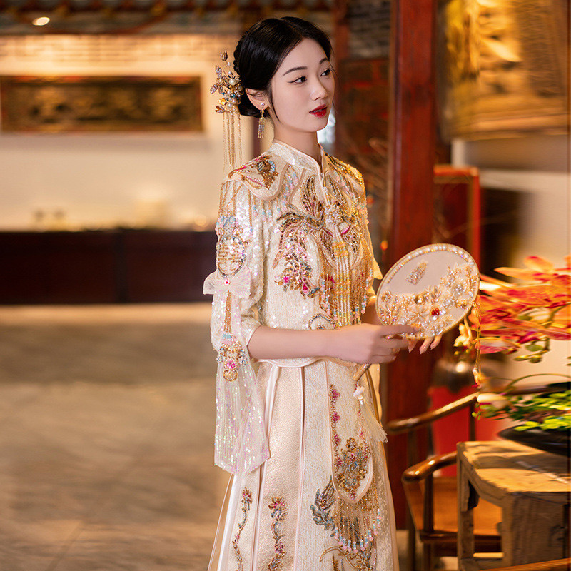Yourqipao 2023 Chinese Couple Vintage Mandarin Collar Cheongsam Toast Clothing Costume Dragon Phoeni