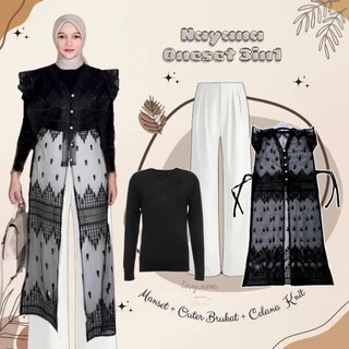 Set Wanita Kekinian Brokat Knit Highwaist Muslim || Set Fashion Muslim Outer Brokat Celana Knit