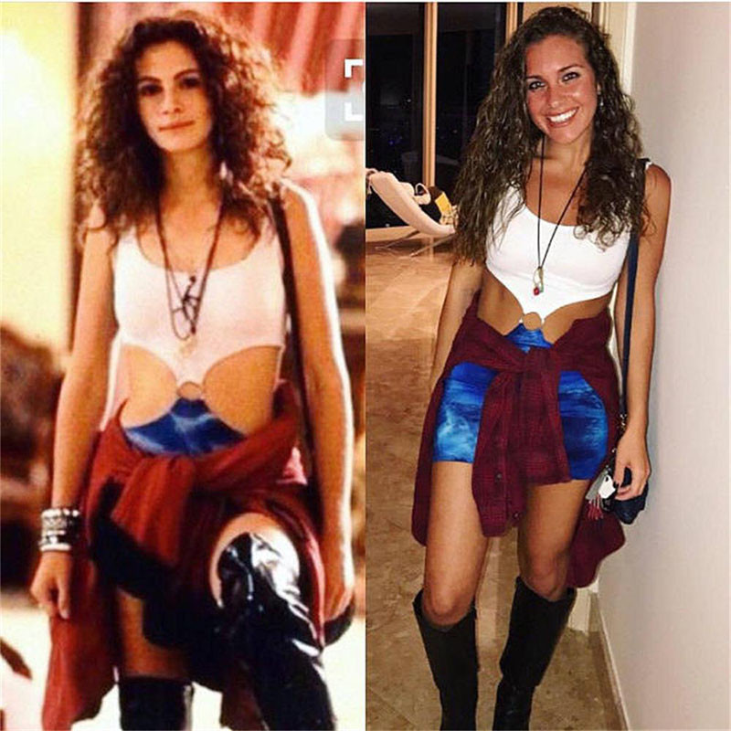 Movie Pretty Woman Julia Roberts Cosplay Romantic Comedy Film Costume Sexy Blue Bare Waist Tiedye