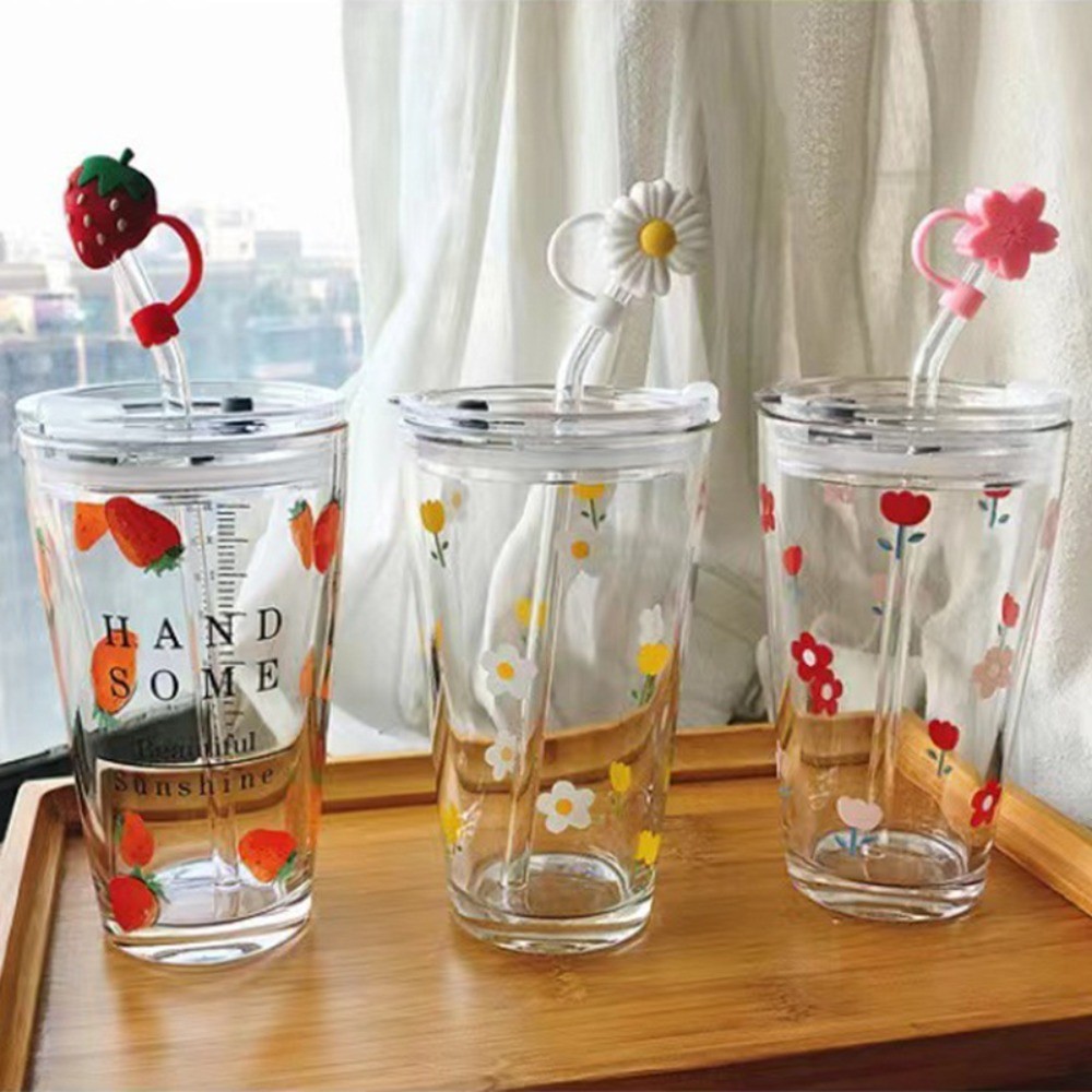 Cute Glass Cups With Straw Heat Resistant Coffee Milk Water Cups With Straw Cover Juice Smoothie