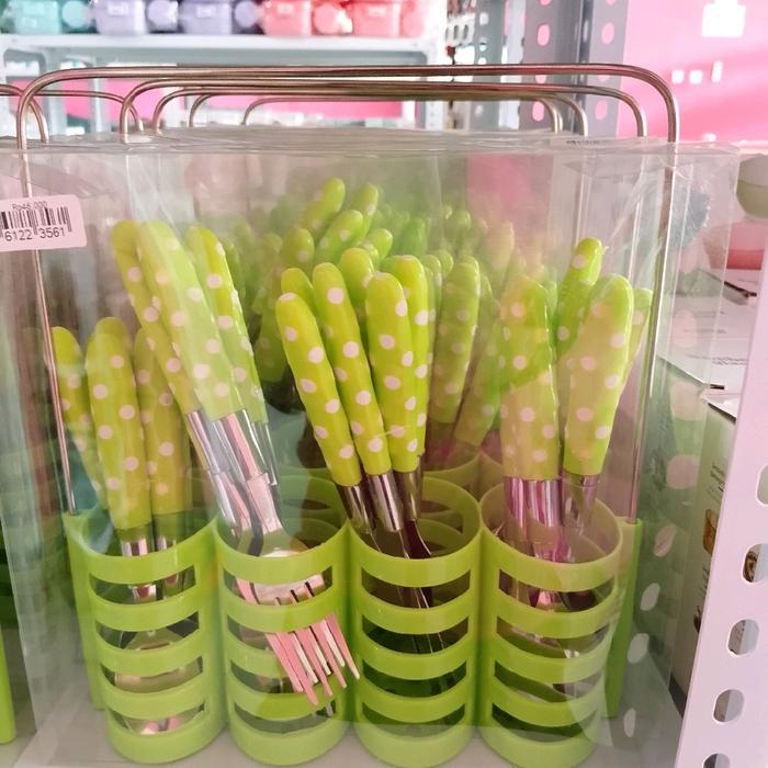 Set Sendok Garpu Pisau 24pcs Polkadot Warna Biru Hijau dan Pink untuk Dapur Anda