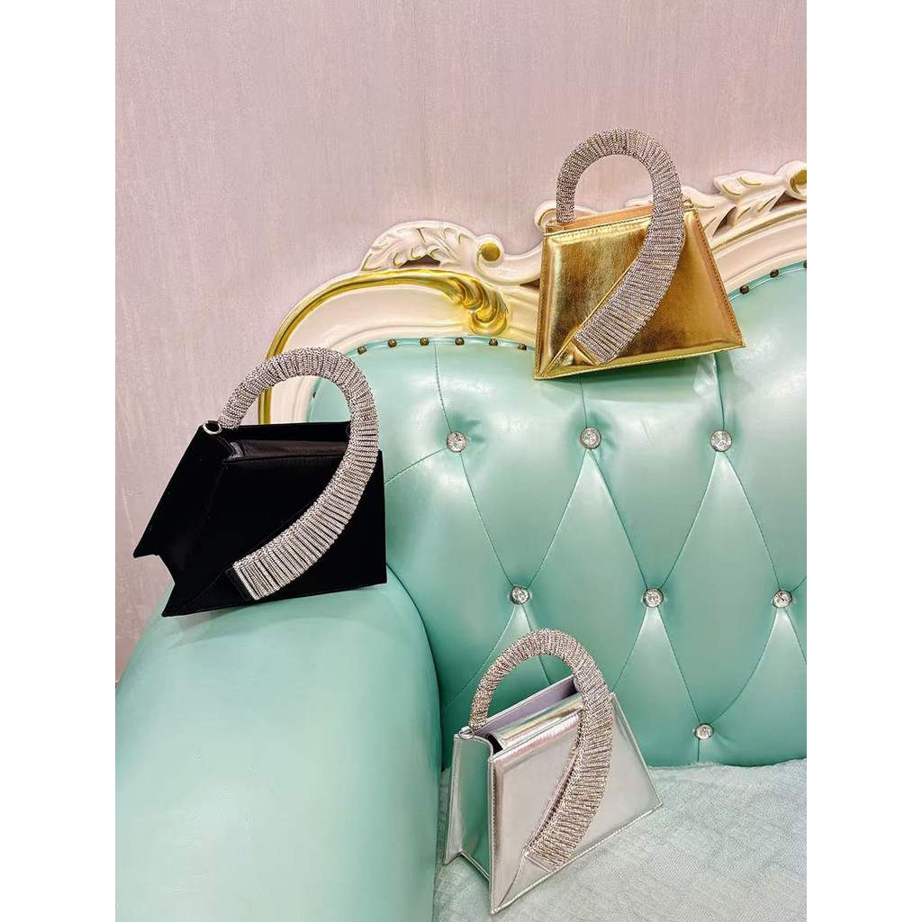 Luxury Satin Square Bag Wedding Party Clutch Purse Glitter Shiny Diamonds Handle Evening Bag