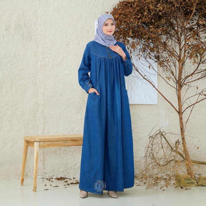 Raisma - Rabiah Gamis Jeans Denim Model BabyDoll 2029 - Biru Tua, M