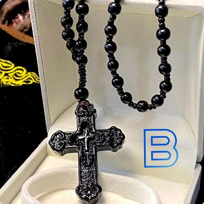 Kalung Salib Batu Obsidian Hitam