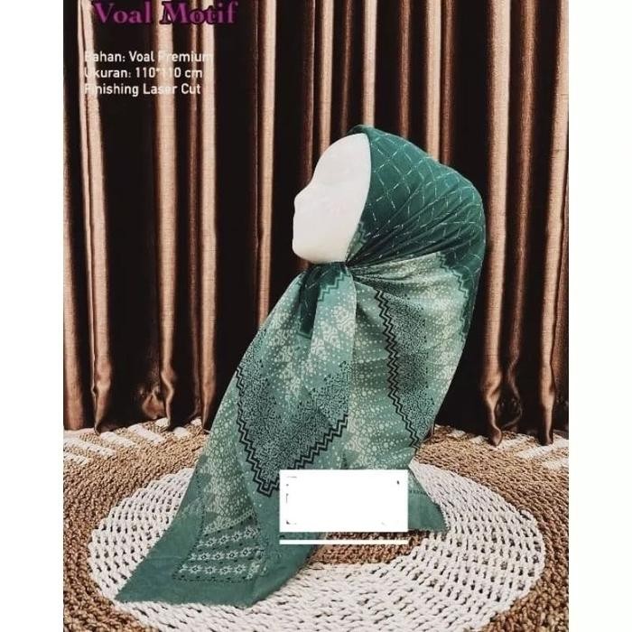 SIAPKIRIM Promo Hijab Segi Empat Voal Motif Zigway Warna Hijau Botol READY STOCK
