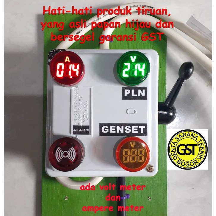 Ready Tuas Pemindah listrik PLN ke Genset ada ampere dan 2 voltmeter cam starter ohm saklar