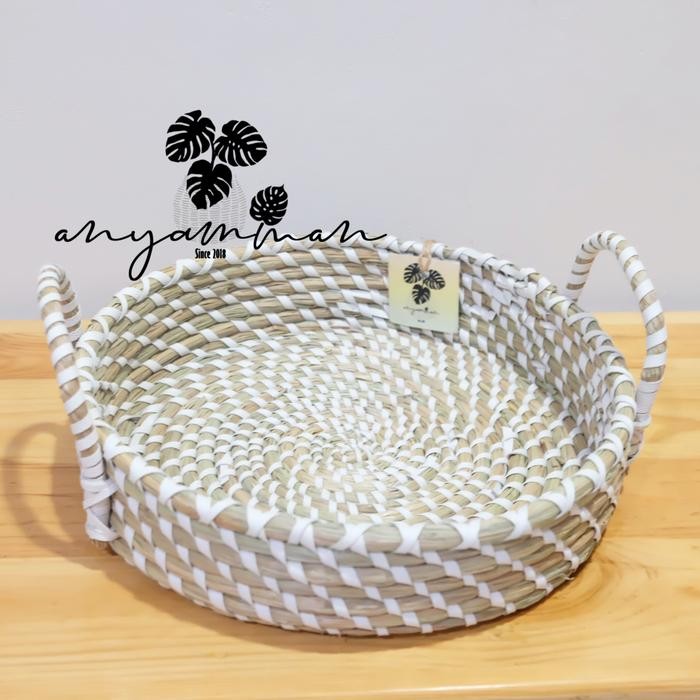 Nampan/Tray Anyaman Mendong Natural Mix Plastik Putih Bulat D30Cm
