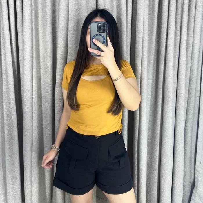 Lina Kaos Serut Sexy Wanita Crop Top Dada Terbuka Lengan Pendek
