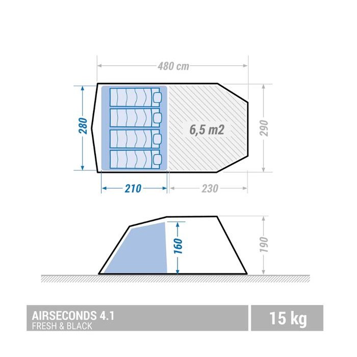 QUECHUA Air Second 4.1 XL Fresh & Black Tenda Inflatable Untuk 4 Orang Original Camping Hujan