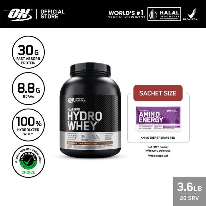 Optimum Nutrition Hydro Whey 3.5 lbs + Amino Energy Sachet - Susu Protein / Powder / Suplemen / Gym