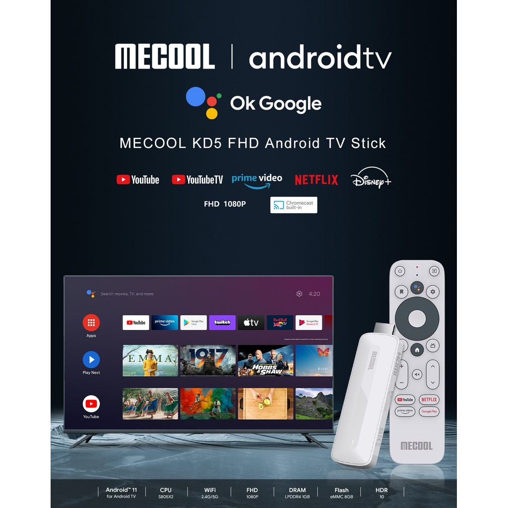 Mecool KD5 Android 11 TV Stick HDR10 Smart TV Box 1GB 8GB WiFi 2.4G 5G Mini Streaming Media Player