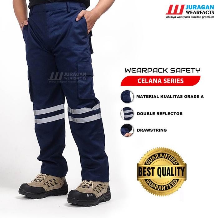 ASLI Celana safety panjang pria wanita seragam kerja proyek celana kerja pria Warna Biru dongker