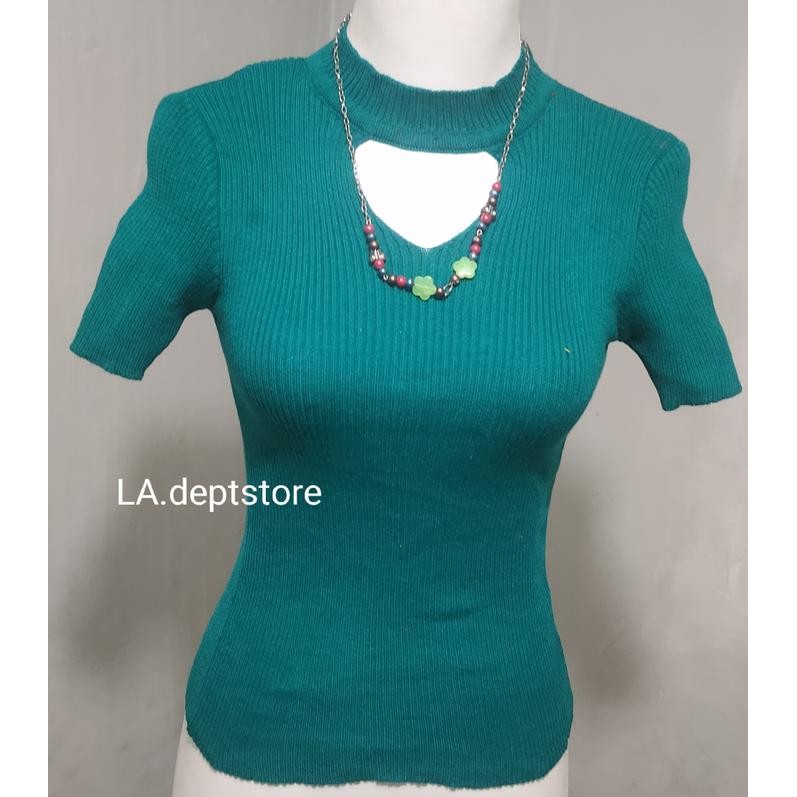 HRG DISKON Atasan Crop Top Crewneck Bolong Dada Polos rajut Wanita Knitwear