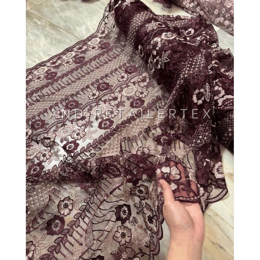 Bahan Kain Kebaya Mewah Brokat Tile Embroidery Athena New Series Bordir Tebal Motif Timbul 2 Tone