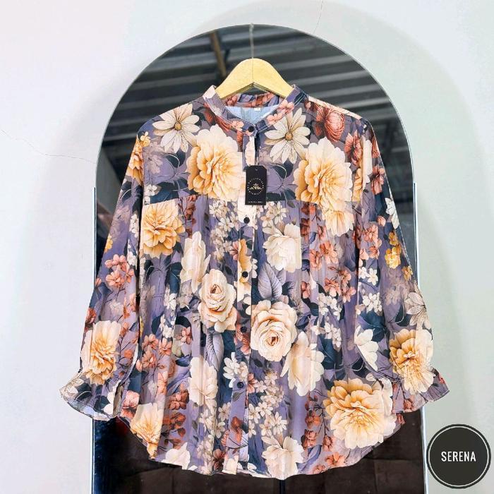 Premium Sania Alisa Blues Kemeja Wanita Rayon Motif Bunga Elegan Dan Nyaman Untuk Tampilan Harian