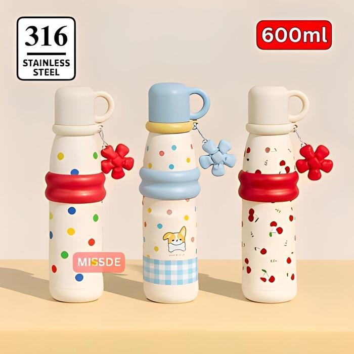 Botol Minum Stainless Steel 600ml / Tumbler Portable Insulated Bottle With Mug Kawai
