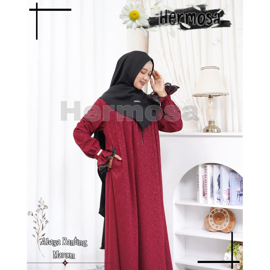 [Abaya Hermosa]Abaya hermosa wolfis embos motif ilalang marun-Abaya merah marun-Abaya syari maroon