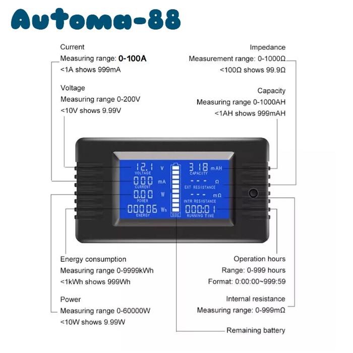 DC ENERGY TOTALIZER KWH METER VOLTMETER AMMETER BATTERY METER 100A