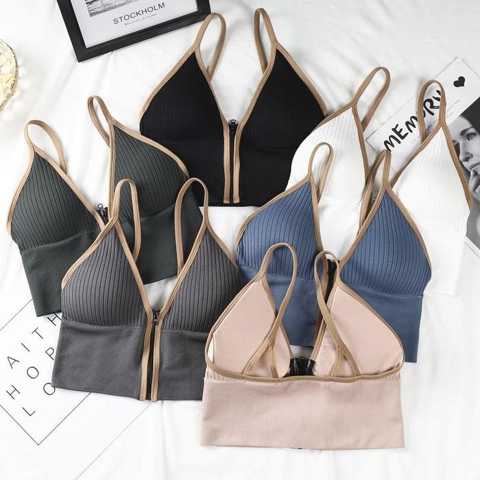 trrg- Sfl Bralette Crop Tank Top Wanita Resleting Zipper Front Open Sport Bra Bh Tanpa Kawat