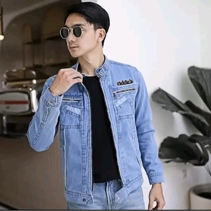 7ccl- Jaket Jeans Gesper Blue Resleting Denim Panjang Pria Casual Kekinian Formal Cowok