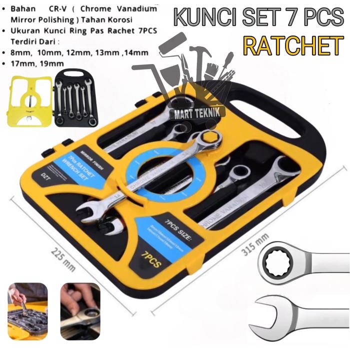 Kunci Ring Pas Rachet Set 7 Pcs Kunci Ring Pas 8MM - 19MM Kunci Kombinasi Krek 7PCS Ratchet