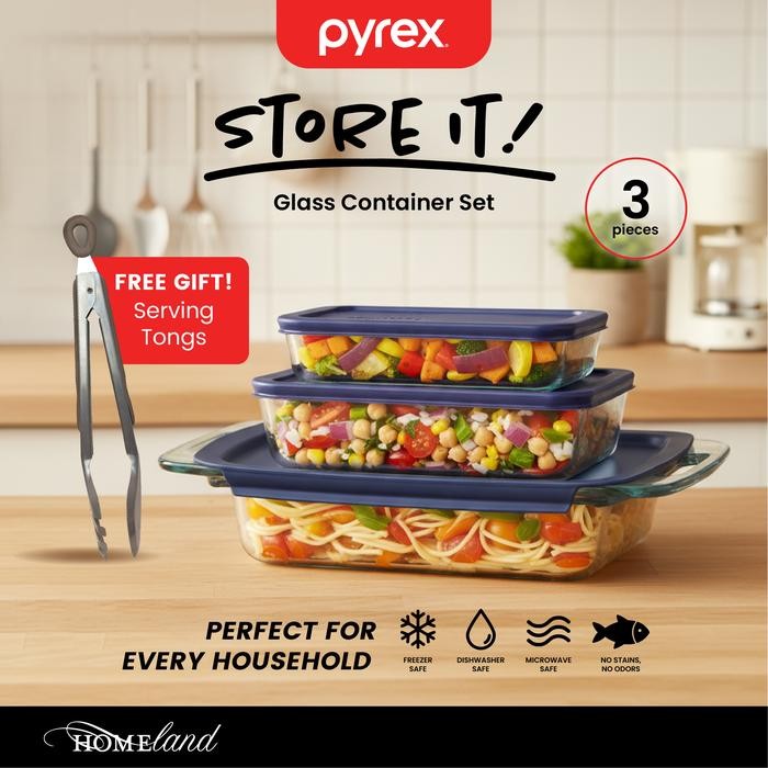PRODUK Pyrex Easy Grab Glass Bakeware Container with Lid / Wadah Loyang Kaca dengan Tutup Plastik